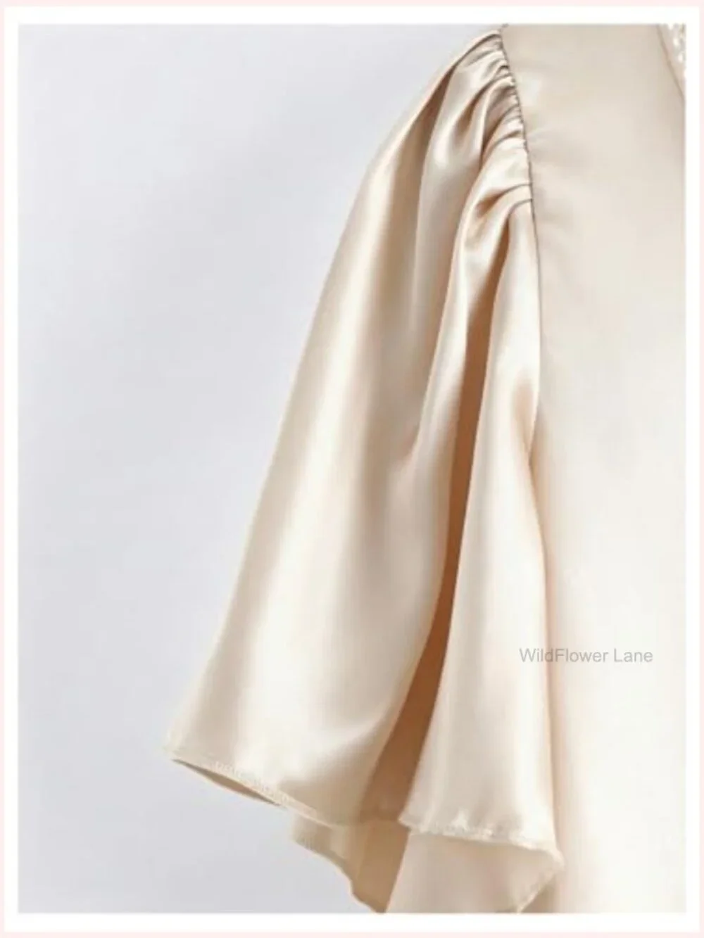Elegant Satin Ruffle Short Sleeve Blouse Pearl Crew Neck Summer Top - Picture 4 of 5